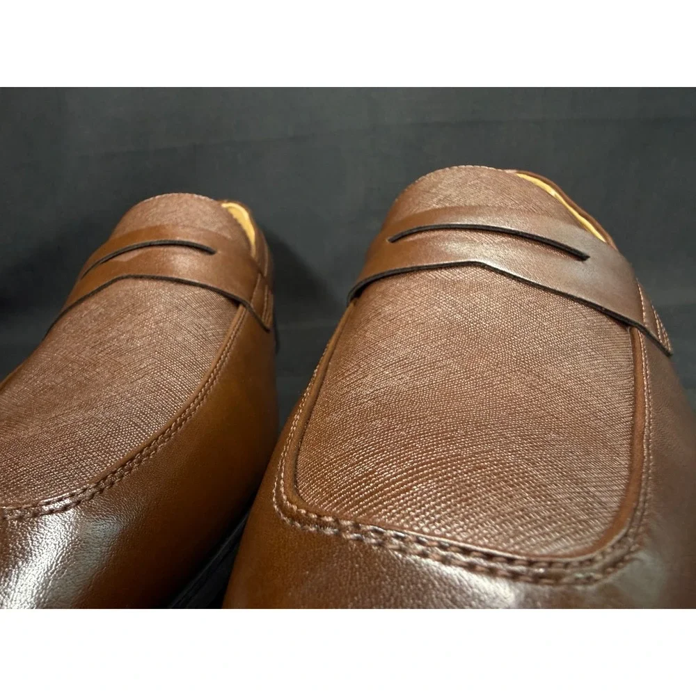 Calvin Klein Mens CMJUNBERG-R Brown Textured Penny Loafers Dress Shoes 10.5